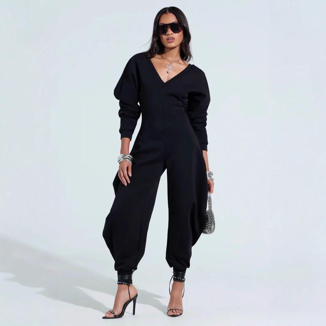 Slim-Fit V-Neck Long-Sleeve Jumpsuit