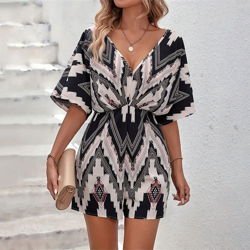 Printed V-Neck Loose-Fit Jumpsuit