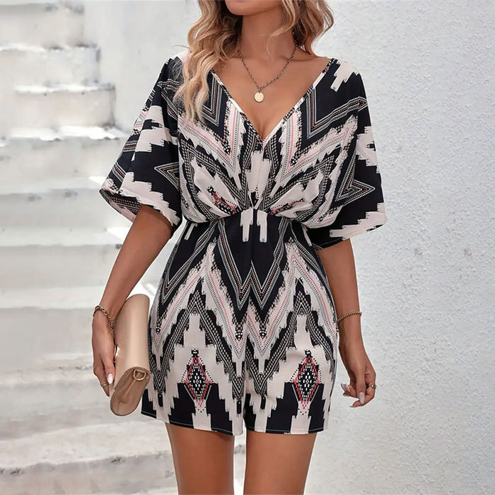 Printed V-Neck Loose-Fit Jumpsuit