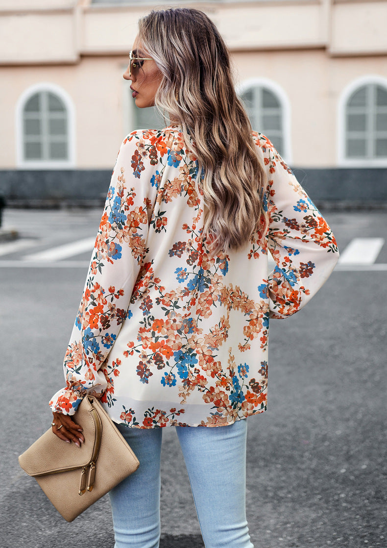 Floral Print V Neck Long Sleeve Shirts