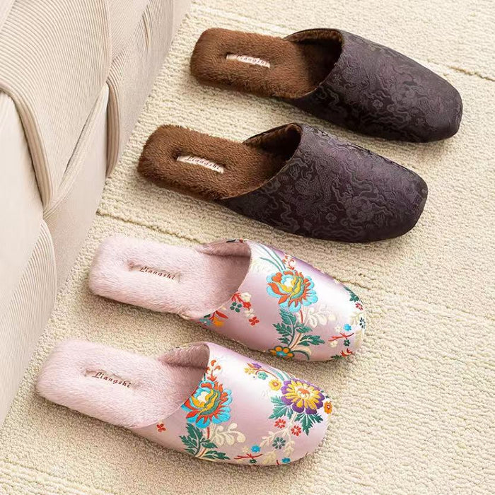Embroidered Floral Ox-Tendon Sole Plush Slippers
