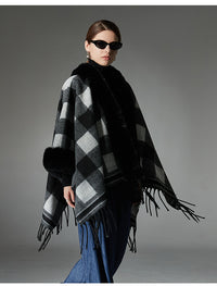 European And American Autumn And Winter New Fur Collar Black And White Plaid Tassel Shawl