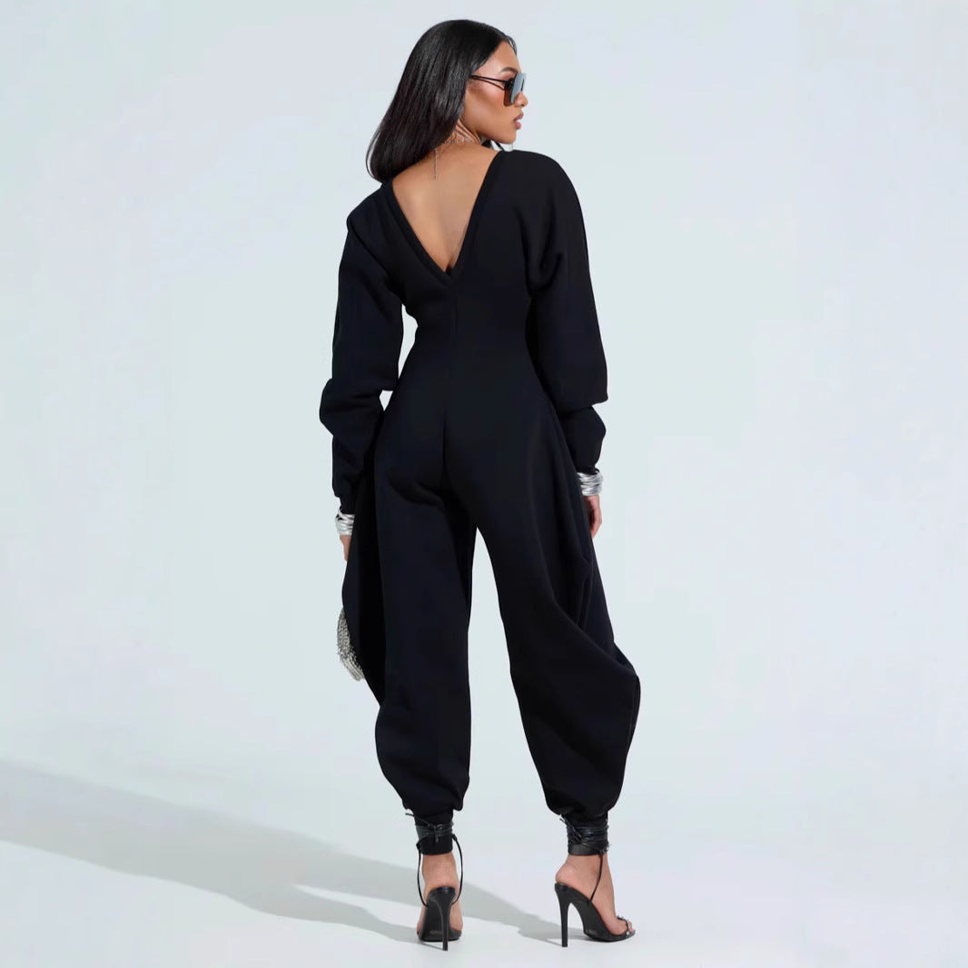 Slim-Fit V-Neck Long-Sleeve Jumpsuit