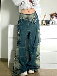 Plus Size Retro Washed Cargo denim