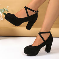 Suede Cross-strap Chunky Heel Pumps