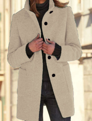 Stand Collar Woolen Coat - Casual Button Outwear