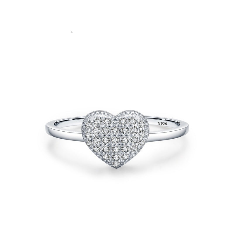 S925 Sterling Silver Diamond Inlaid Love Heart-shaped Ring Light Luxury High-end All-matching