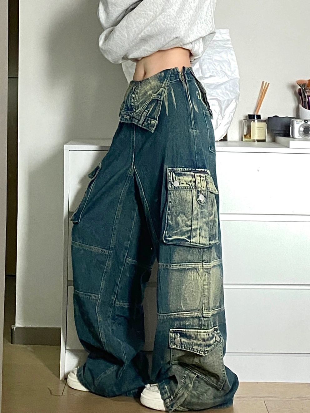 Plus Size Retro Washed Cargo denim