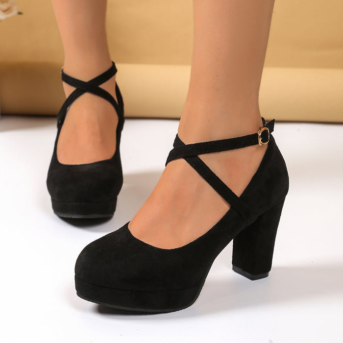 Suede Cross-strap Chunky Heel Pumps