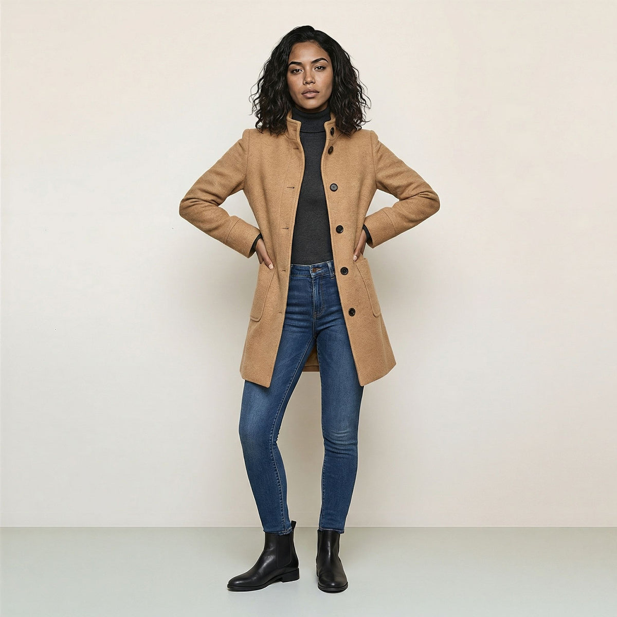 Stand Collar Woolen Coat - Casual Button Outwear