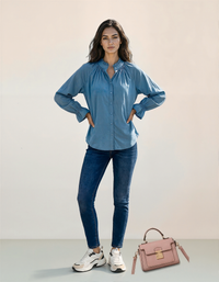 Lantern-sleeve V-neck Ruffled Blouse Top