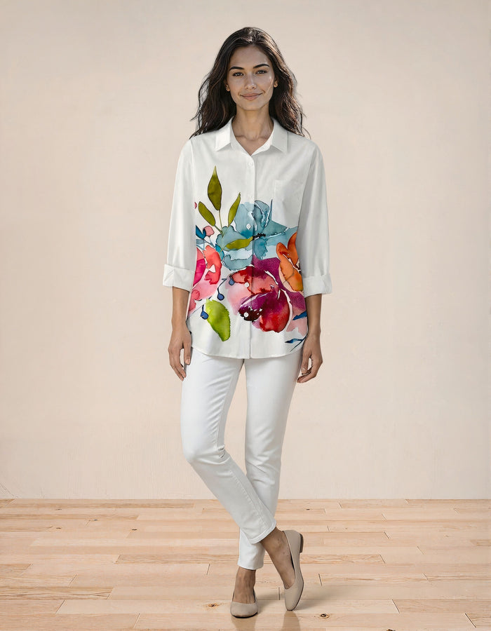 Ink-Wash Floral Print Shirt