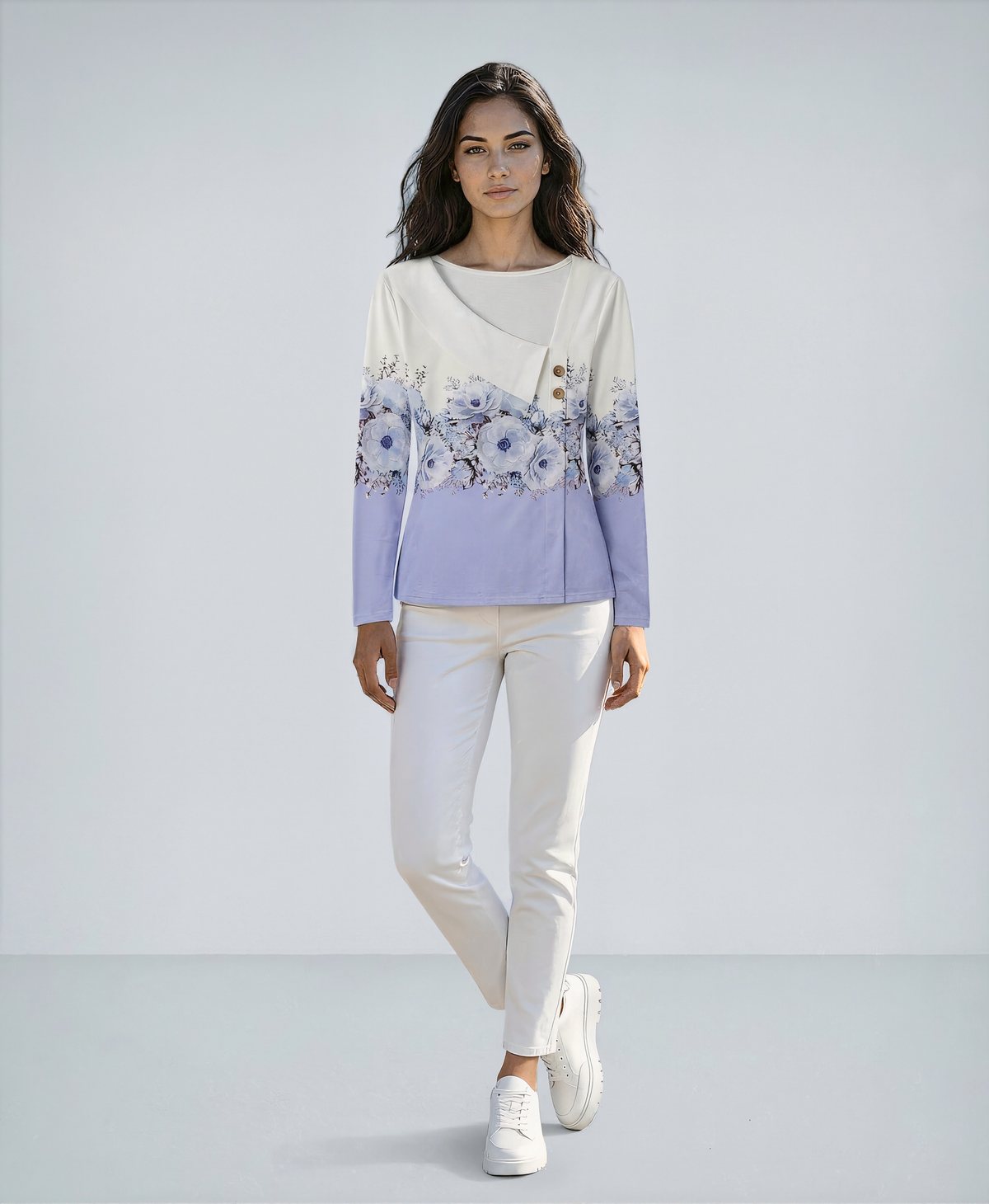 Diagonal Collar Flower Printed T-shirt