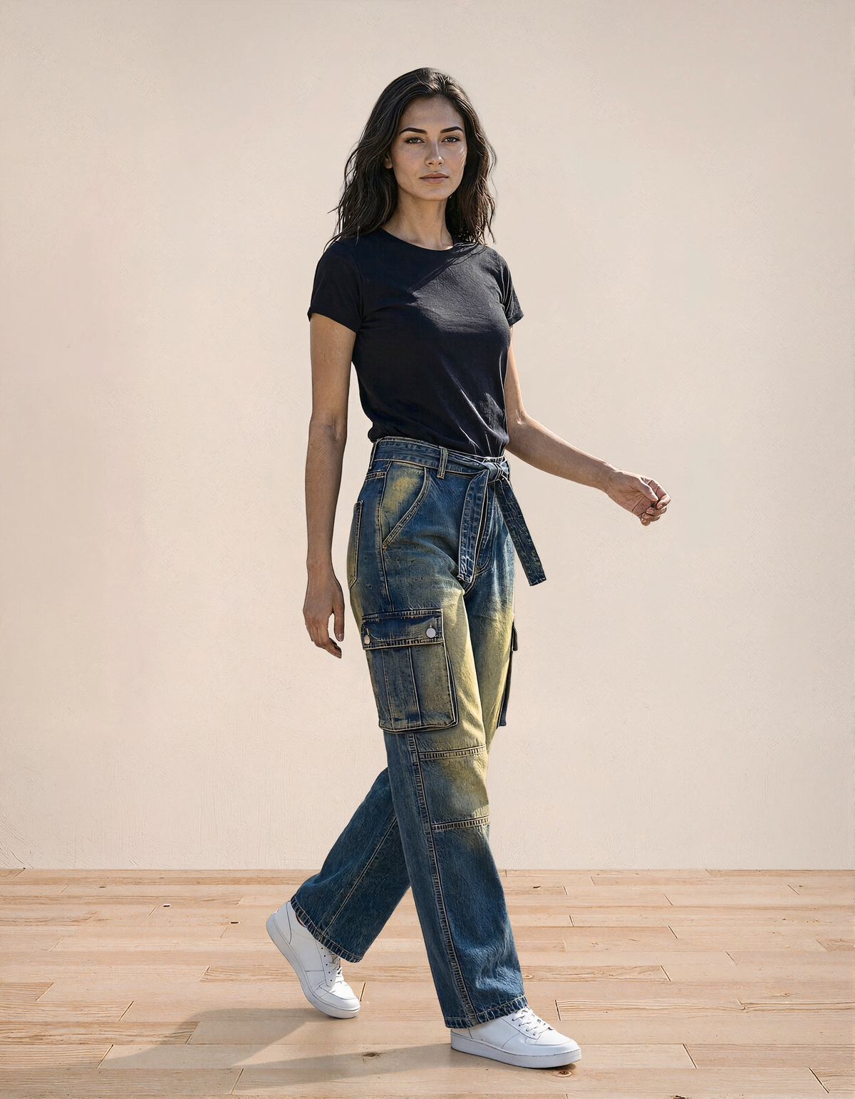 Plus Size Retro Washed Cargo denim