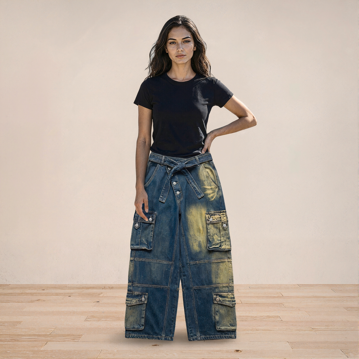 Plus Size Retro Washed Cargo denim